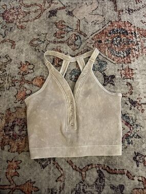 Zenana Outfitters Ribbed Button-Front Crop Tank - Light Beige